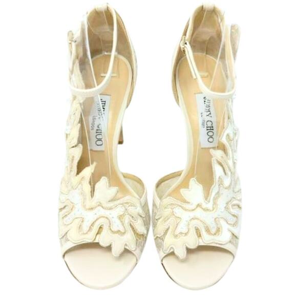 Jimmy Choo White Bridal Heels Strappy Floral Lace Crystal Wedding Pump EU39.5 - Picture 4 of 11